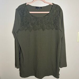 Susan Betro Olive Eyelet Waffle‎ Knit Top | 2X